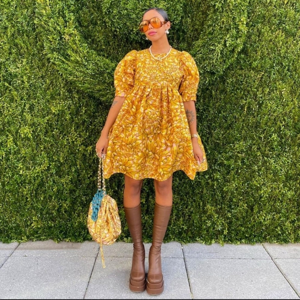 Kika Vargas Gold Yellow Mum Floral Puff Sleeves Mini Dress Size XXS X Ta…
